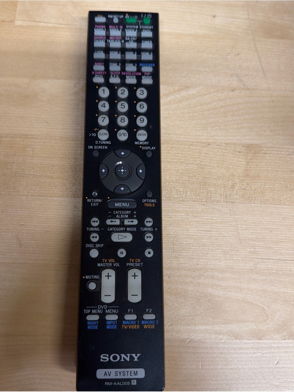 Sony Black AV System Remote with White Button Labels